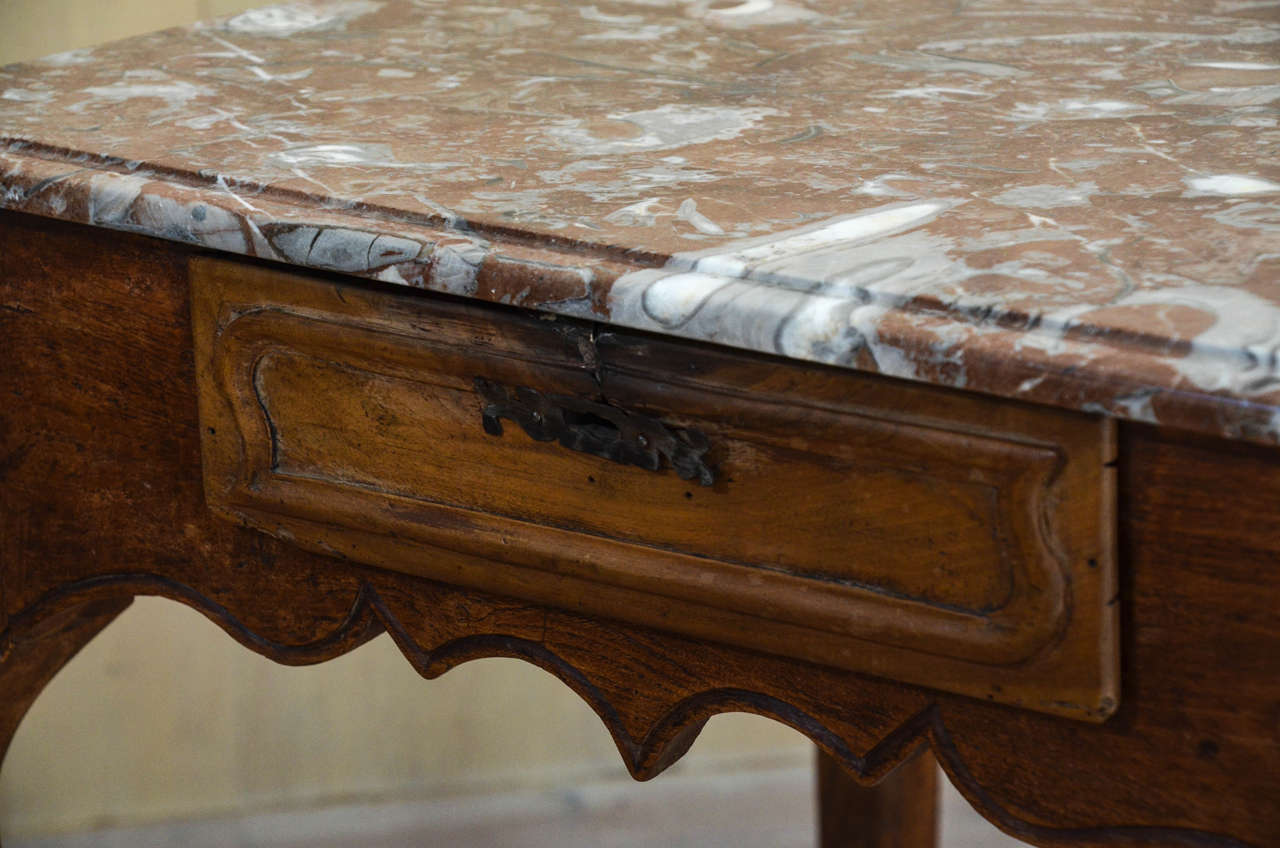 French Louis XV Marble-Top Chestnut Table with Pied De Biche